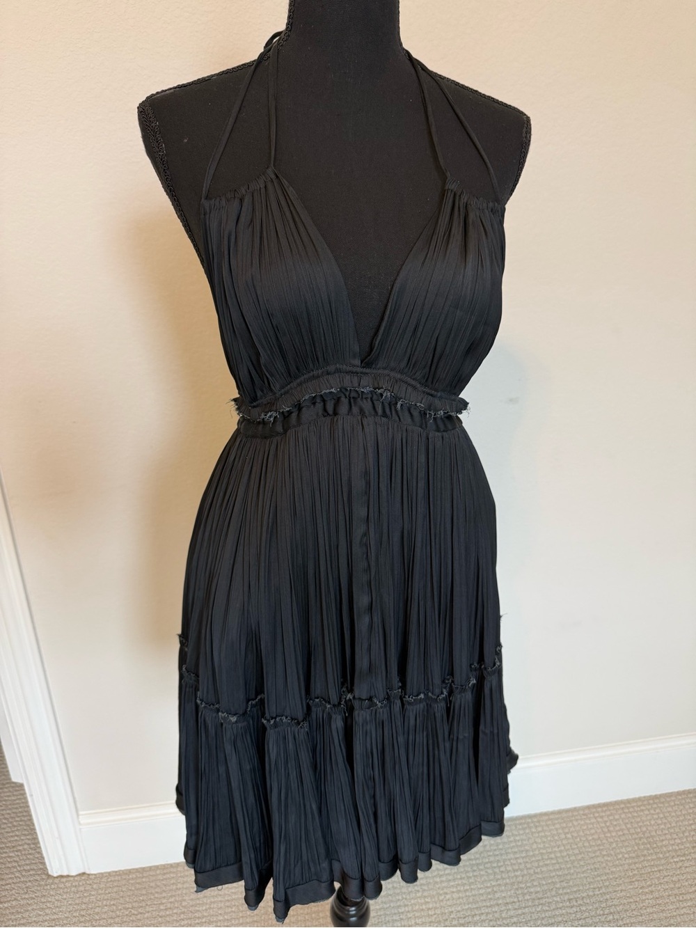 NWT Free People Black Pleated Halter Open Back Lined Mini Dress Size M